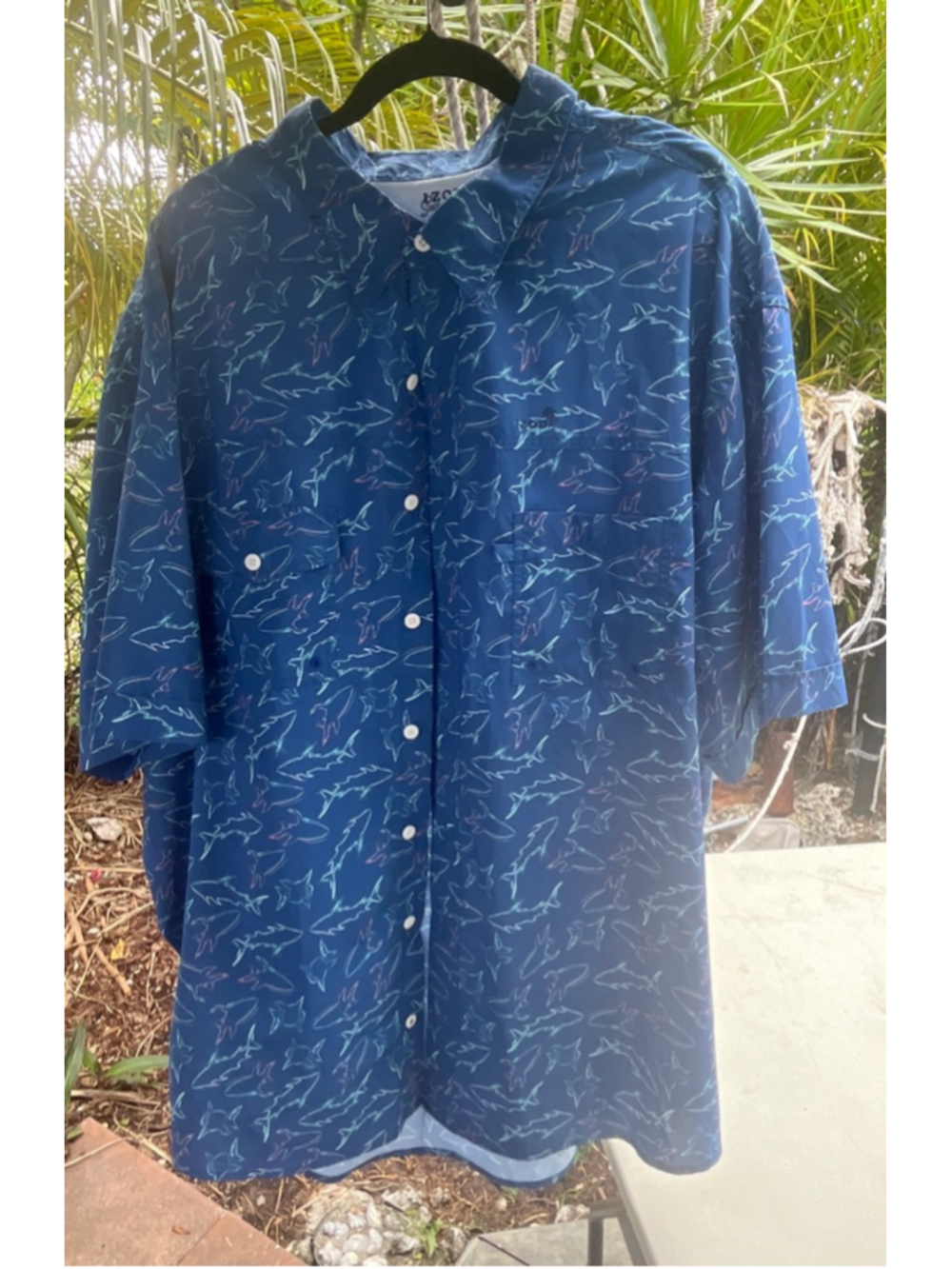 Men's IZOD Blue Multicolor Shark Print Casual Button Down Shirt 3XLT